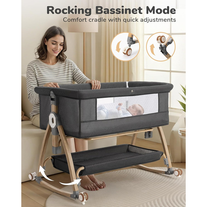 Дитяче ліжко COMOMY 3-в-1, дитяче ліжечко, дитяча колиска на колесах, включаючи матрац та москітну сітку, регулювання висоти в 6 напрямках