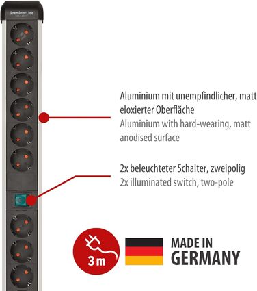 Розеткова планка Brennenstuhl Premium-Alu-Line 12-шляхова/розеткова планка з високоякісного алюмінію (розетка на декілька розеток