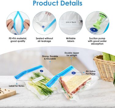 Вакуумних пакетів для їжі з клапанною блискавкою Пакети Sous Vide з вакуумними пакетами Pump 3 розміри 5 ущільнювальних затискачів і 4 затискачі Sous Vide для зберігання продуктів, 15