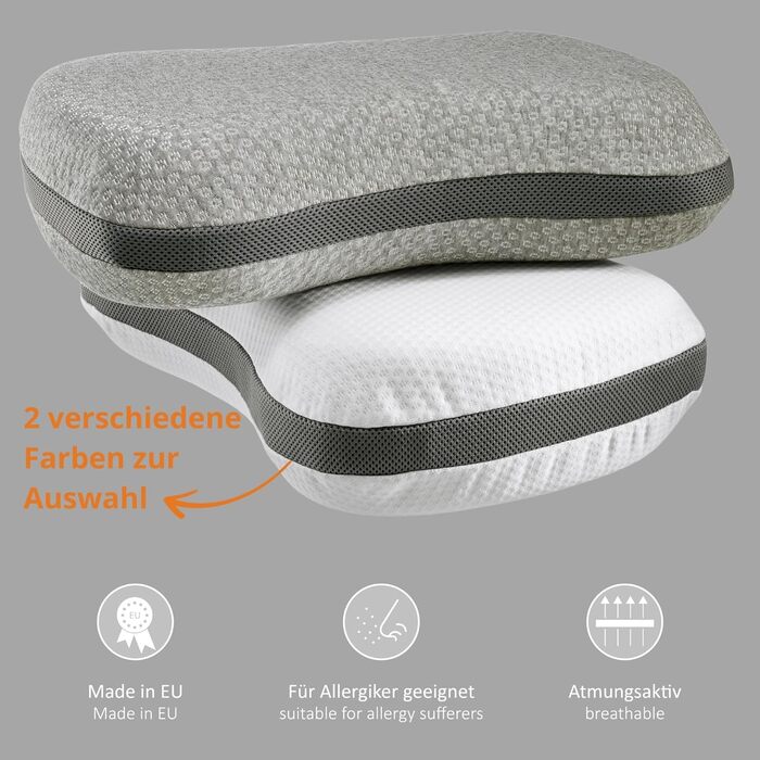 Подушка для шиї Sleepling 50 x 35 x 12 см, ортопедична подушка, подушка з віско-піни з ефектом пам&39яті з дорожньою сумкою, ергономічна подушка для підтримки шиї для алергіків, зроблена в ЄС, можна прати, сірий колір