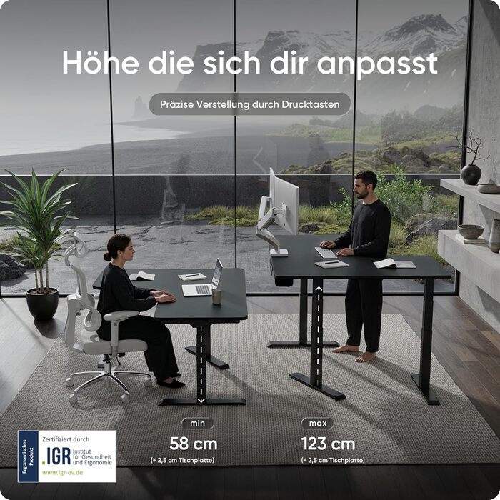 Кутовий стіл, регульований по висоті (електрично) із захистом від зіткнень та функцією пам&39яті, 10-річна гарантія (чорний каркас, чорна стільниця, 160 x 130 x 70 см)