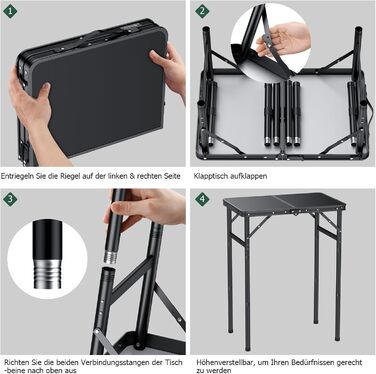 Стіл для кемпінгу JiGiU 60x40 см, складний, з 3 регулюваннями висоти 27 см/51 см/74 см, алюмінієвий каркас, компактний гриль-стіл для саду, кухні, пікніка, використання в приміщенні та на вулиці, стіл-валіза (чорний)