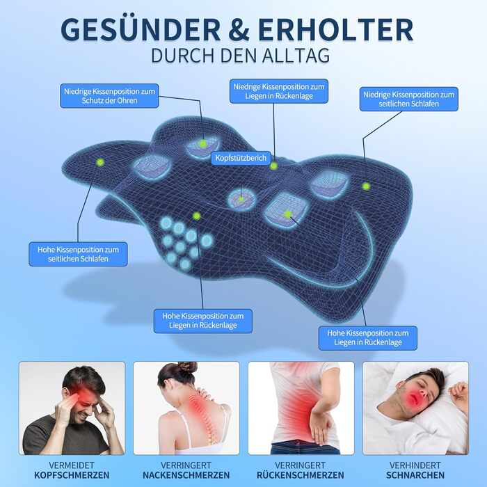 Подушка для шиї, подушка для голови 60x33x10/17 см, подушка з піни з ефектом пам&39яті, подушка для сну на боці, знімна подушка для підтримки шиї для сну на боці, спині та животі (сіра)