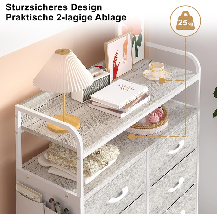 Комод, шафа, шафа для зберігання речей, 8 тканинних шухляд, 4 бічні кишені, 2-рівневі дерев&39яні полиці, скриня для спальні, вітальні, білий дуб, 8 шухляд з бічними кишенями