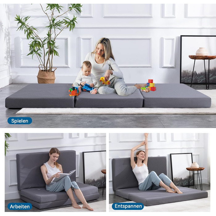 Складаний матрац для гостей з піни з ефектом пам&39яті з чохлом, середньої жорсткості, 75 x 195 x 10 см, сірий Матрац 75 x 195 x 10 см з чохлом