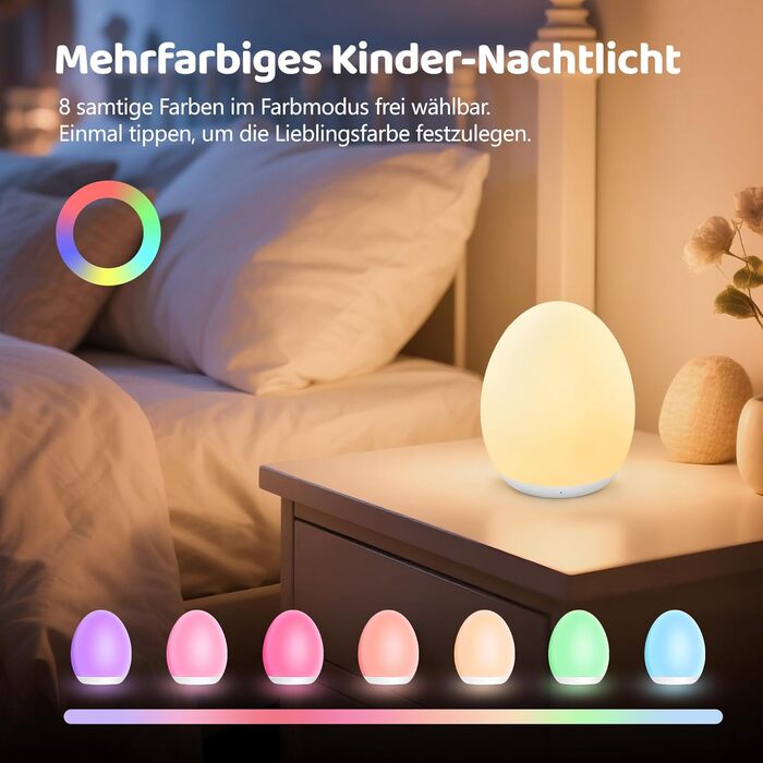 Нічник MediAcous, нічник, нічник для дітей/немовлят з 8 кольорами та лампочкою для годування, регульована яскравість, USB-світлодіодний нічник з таймером 1 година та сенсорним керуванням, прикраса для кімнати немовлят та малюків (білий)