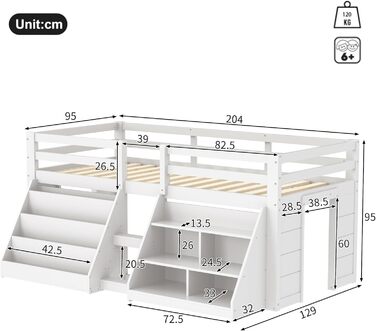 Дитяче ліжко середнього класу 90x200 зі світлодіодним освітленням, односпальне ліжко зі сходами та шафою для зберігання, ліжко з місцем для зберігання, дерев&39яне ліжко, функціональне ліжко, дитяче ліжко із захистом від падіння та рейковим каркасом, біле