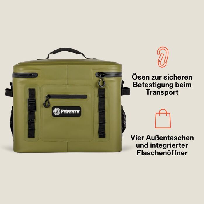 Сумка-холодильник Petromax для зберігання крижаних продуктів протягом кількох днів Незалежна від живлення та акумулятора Водонепроникна блискавка Для кубиків льоду та пакетів з льодом 22 літри Оливкова
