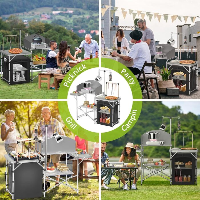 Складана кемпінгова кухня, кемпінгова шафа з алюмінію з 3 робочими поверхнями, відділенням для шафи, підставкою для світла та 4 гачками, вулична кухня, кемпінгова шафа