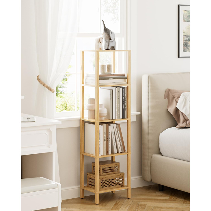 Книжкова полиця, вузька полиця з 5 полицями, кухонна полиця з відкритими полицями, 38 см x 27 см x 136 см, окремостояча полиця для вітальні, офісу, кабінету, дуб, 5 полиць
