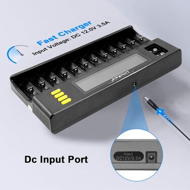 Сумісний з Li-ion 26650/22650/18650/18490/18350/17670/17500/17355/16340/14500/10440/AASA тощо AA/SC NI-MH та NiCdA, AA, AAA, SC., 12 Ladegert