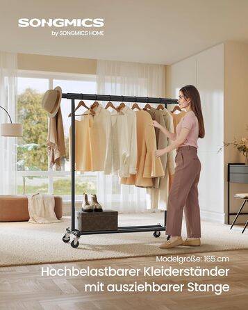 Вішалка для одягу на колесах, Міцна підставка для гардеробу, Розсувна вішалка для одягу, Вантажопідйомність до 100 кг, Легке складання, Портативна, Чорний HSR13BKV1 Чорний (92-132)Ш см