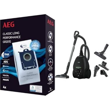 Пилосос AEG VX82-1-KO (75 перероблених матеріалів, авторегулювання потужності, наднизький рівень шуму на килимах) та мішки для пилососа s-bag Classic Long Performance GR201S (білі)