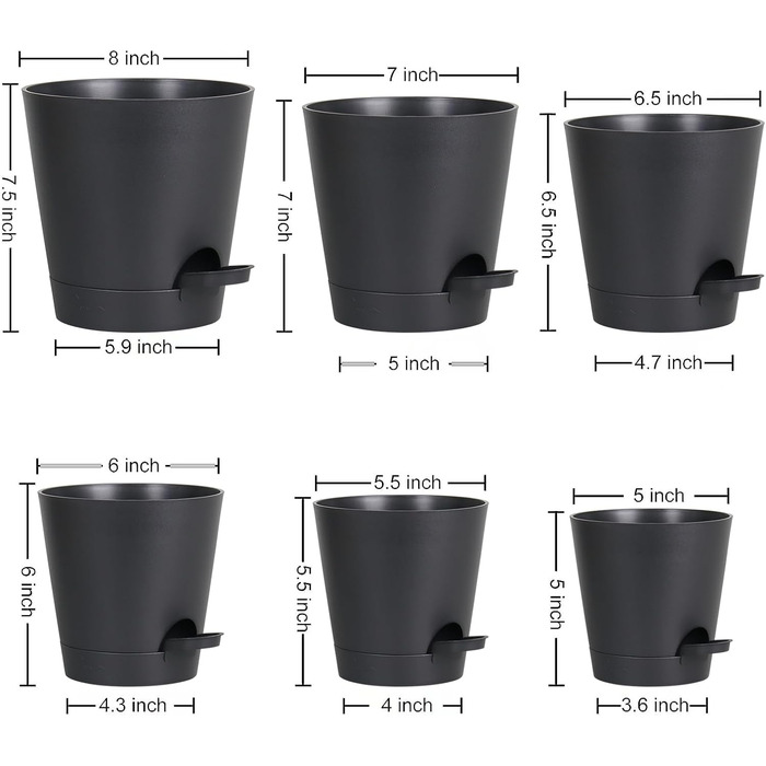 Набір із 6 самополивних квіткових горщиків, 20,3/17,8/16,5/15,2/14/12,7 см, горщики для рослин із системою поливу, кашпо з блюдцем, набір квіткових горщиків, ідеально підходить для кімнатних та балконних садів, чисто чорний колір