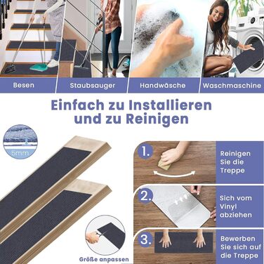 Килим для сходів 30 x 40 см, приємний м&39який ворс, самоклеючий та протиковзкий, можна різати, багаторазовий, 5 килимових сходинок, килимки для сходів для дітей, людей похилого віку, C
