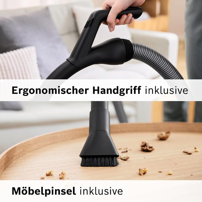 Пилосос із мішком Bosch Serie 8 для алергіків, гігієнічний фільтр, 10 років гарантії на двигун, насадка для твердих підлог, XXL-насадка для м'яких меблів та щілин, довгий кабель, Made in Germany, низький рівень шуму, BGL75X1PRQ, сірий