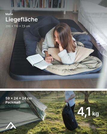 Самонадувальний надувний матрац преміум-класу - М&39який, зручний килимок для сну з м&39якою поверхнею та подвійним клапаном надування, килимок для сну для кемпінгу, подорожей або як гостьове ліжко, темно-синій - Подвійний M