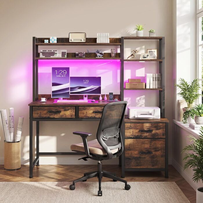 Комп&39ютерний стіл YITAHOME з шухлядами, кутовий комп&39ютерний стіл для домашнього офісу з місцем для зберігання та полицями, ігровий стіл-робоча станція зі світлодіодним освітленням та розетками, кутовий стіл, вінтажний коричневий