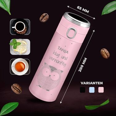 Термокружка Maverton з гравіюванням, 400 мл - Пляшка для води з нержавіючої сталі - зі світлодіодним дисплеєм температури - Герметична, 100 водонепроникна - Для жіночих днів народження - Рожева - Сова