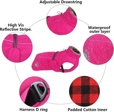Куртка для собак MOREZI, вітрозахисна та водонепроникна, зі світловідбиваючими смужками та регульованим шнурком, вовняна підкладка, тепла та зручна - рожева - XS (довжина по спинці 46,8 см)