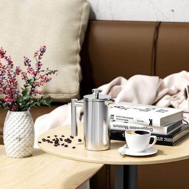 Кавоварка для френч-пресу Uootach 350 мл, високоякісні кавоварки з нержавіючої сталі, кавоварка френч-прес з потрійним фільтром з нержавіючої сталі, для дому, подорожей, кемпінгу (срібло)