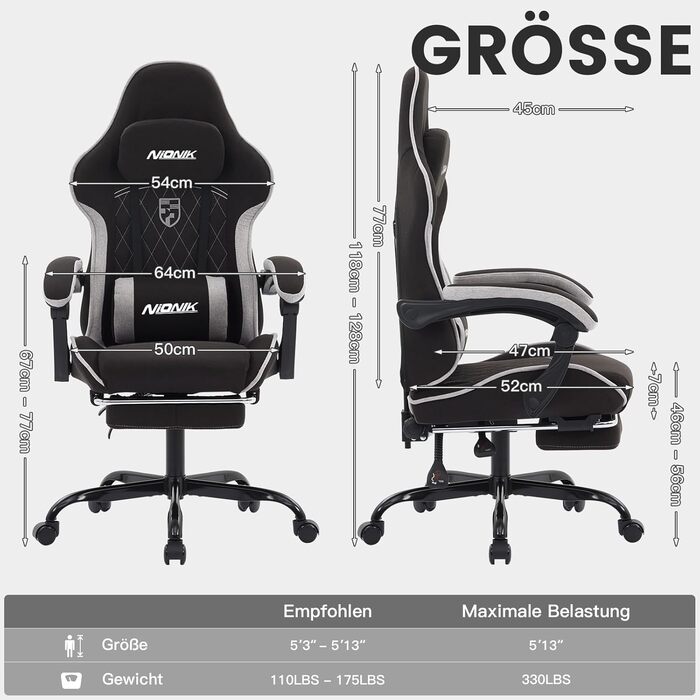 Ігрове крісло, гоночне ігрове крісло з підставкою для ніг, ергономічне ігрове крісло з підголівником, регульоване комп&39ютерне крісло, регульована висота, поперекова підтримка для домашнього офісу та ігор, чорний/сірий Nk-bg
