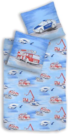 Дитяча постільна білизна Дитяча постільна білизна Пожежні та поліцейські машини - Наволочка 80x80 Підковдра 135x200 см - 100 бавовна (Renforc) Двостороння постільна білизна для хлопчиків та дівчаток