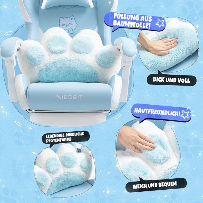 Миле ігрове крісло з поперековою подушкою у формі котячої лапи та котячими вушками, ергономічне ігрове крісло з підставкою для ніг, регульоване ігрове крісло для ПК для дівчаток, підлітків, дітей, синього кольору