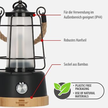 Світлодіодний акумуляторний кемпінговий ліхтар Brennenstuhl CAL 1 AC (350 лм, IP44, до 75 годин роботи, плавне регулювання яскравості, регульована колірна температура, акумуляторний вуличний ліхтар USB C з конопляним шнуром та бамбуковою основою)