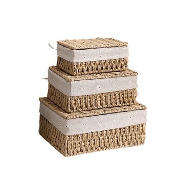 Набір кошиків для зберігання з 3 шт. з кришками Плетені кошики з паперової мотузки з бавовняною підкладкою, коробка в стилі бохо для іграшок, ванна кімната, вітальня Натуральний колір та штабелюються (бежевий)