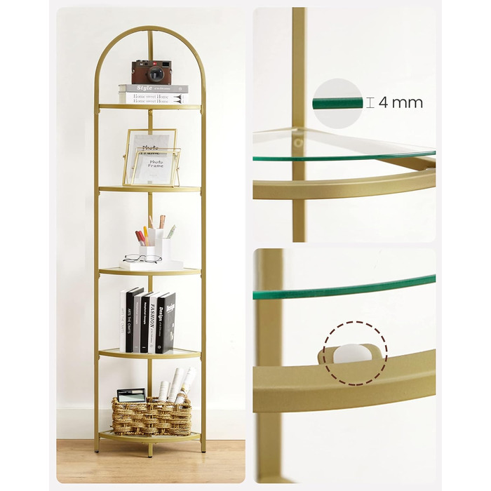Кутова полиця VASAGLE, 5 полиць, книжкова полиця, полиця для рослин, окремостояча полиця, полиця для ванної кімнати, полиці із загартованого скла, сталева рама, сучасна, для вітальні, кухні, металеве золото LGT810A01 5 полиць (28 x 28 x 158 см) металеве з