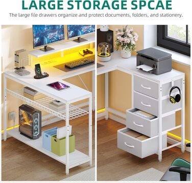 Кутовий стіл YITAHOME з 4 шухлядами та місцем для зберігання, ігровий стіл зі світлодіодним освітленням та підставкою для монітора для домашнього офісу, двосторонній кутовий стіл з 2 розетками та 2 портами зарядки USB, 158 см, білий 158 x 100 x 90 см