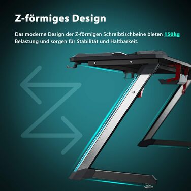 Ігровий стіл SONNI 140 см, ігровий стіл зі світлодіодним підсвічуванням, Z-подібна міцна ніжка, з підставкою для чашки та підставкою для навушників, 140x60x75 см, чорний (килимок для миші не входить до комплекту)