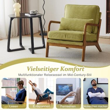 Крісло Bonnlo, м&39яке коктейльне крісло, сучасне крісло для відпочинку, крісло з відкидною спинкою для вітальні, м&39яке крісло з масиву дерева, крісло для читання, вантажопідйомність до 200 кг, вельветова тканина (зелений колір)