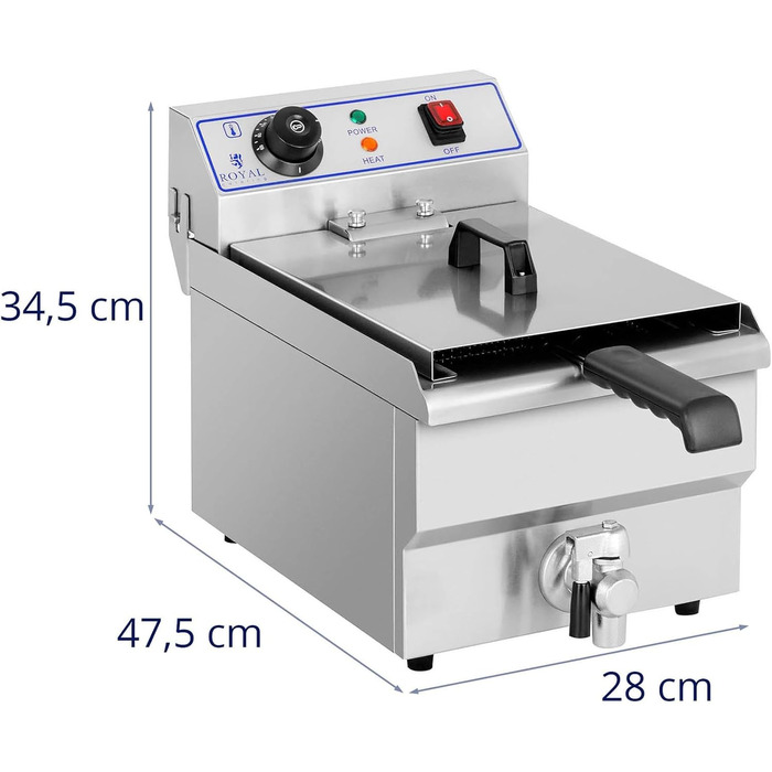 Електрична фритюрниця Royal Catering RCEF-10EH з нержавіючої сталі з кошиком (10 літрів, 3200 Вт, 230 В, термостат 60-200 C, 47,5 x 28 x 34,5 см, зливний кран)