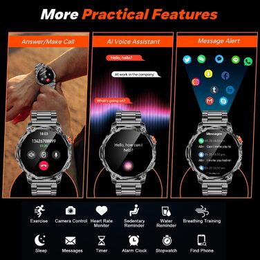 Чоловічий смарт-годинник із функцією телефону, годинник для спорту на свіжому повітрі 1,85-дюймовий HD смарт-годинник із пульсом, монітором сну, артеріальним тиском, крокоміром, фітнес-годинником із батареєю 1000 мАг, світлодіодним ліхтариком, сумісний з 