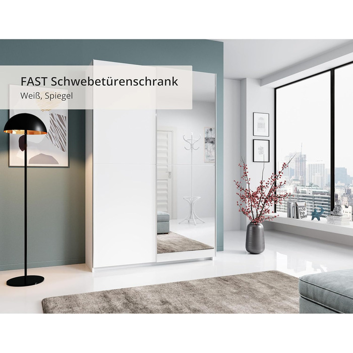 Елегантна шафа/гардеробна з дзеркальними дверима та великою кількістю місця для зберігання - Універсальна шафа з розсувними дверима білого кольору - 125 x 195 x 38 см (Ш/В/Г) Біла з дзеркалом, одинарна