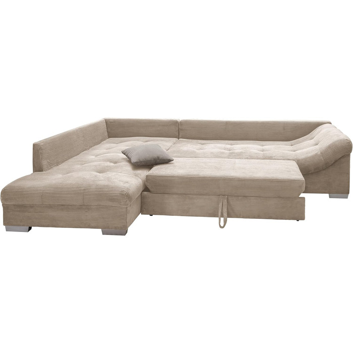 Гарний кутовий диван з вельвету з функцією сну, хвилеподібна пружинна підвіска, зручний L-подібний диван Ш298/Г202/В84 см, шезлонг зліва, диван з бежевою вельветовою тканиною, 2 декоративні подушки сірого кольору / 17204