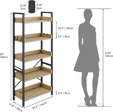 Ярусна книжкова полиця, висока, вузька, тонка дерев&39яна полиця, промисловий склад для вітальні, домашнього офісу дубове покриття (30Г x 64Ш x 160В см), 5-
