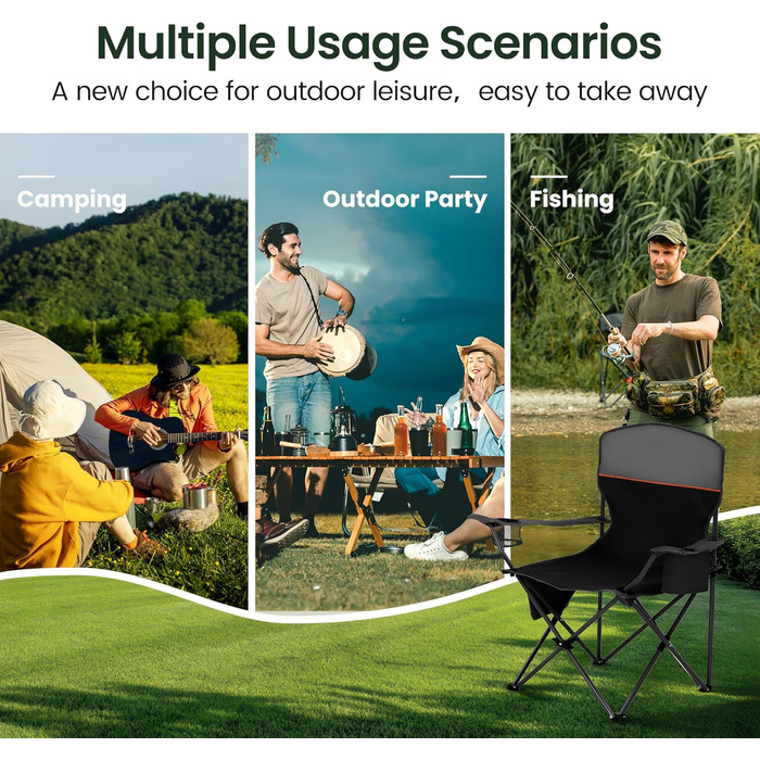 Складане крісло для кемпінгу HIGH POINT SPORTS, комплект з 2 шт. , витримує до 102 кг, крісло для кемпінгу, розкладне крісло з підсклянниками, розкладне рибальське крісло з підлокітниками, вуличне крісло, чорне