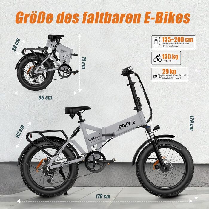 Складаний електровелосипед, електричний велосипед з акумулятором 48 В 16,5 Аг, 25 км/год, 7 швидкостей, запас ходу до 120 км, шини 204,0 дюйма, крутний момент 100 Нм для будь-якої місцевості, електровелосипед для чоловіків та жінок, Z20 Plus темно-сірий