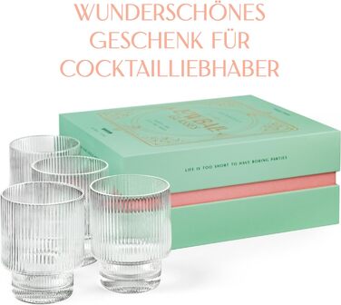 Вінтажний арт-деко рифлені кришталеві келихи для коктейлів з джину, рому, горілки Набір з 4-х 340 мл рифлені склянки для коктейлів Подарунковий набір вишуканих кришталевих келихів