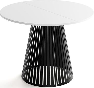 Круглий розкладний обідній стіл з ламелями в стилі лофт 120-200 см Промисловий стіл з чорними металевими ніжками, компактний для вітальні або їдальні білий 120/200 см