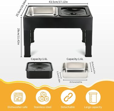 Піднята миска для собак PETTOM (2 x 1,6 л), 4 підставки для мисок з регульованою висотою, миска з нержавіючої сталі та герметична поїлка, складна та нековзка піднята миска для собак великих та малих собак