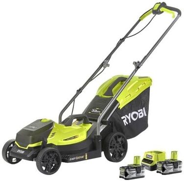 Акумуляторна газонокосарка Ryobi ONE 18 В, ширина зрізу 33 см, з акумулятором 2х4,0 Ач та зарядним пристроєм, складна, зручна ручка