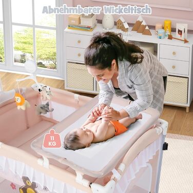 Дитяче ліжечко COSTWAY 4-в-1 зі знімним балдахіном, дорожнє ліжечко з матрацом, пеленальний килимок, ігрова арка та музична скринька, приліжкове ліжечко з колесами, складне дорожнє ліжечко для малюків 0-36 місяців (рожеве)