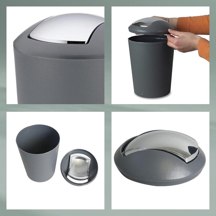 Сірий, відро для сміття з поворотною кришкою, відро для косметики 5 л з поворотною кришкою, пластик, MARTA, відро для сміття у ван