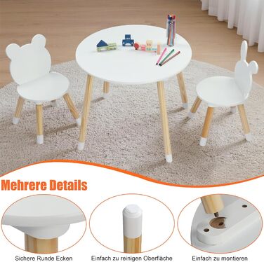 Дитячий стіл LALAHO з 2 стільцями, комплект дитячих сидінь, дитячий стіл/художній стіл, ігровий стіл, з сосновими ніжками, дитячі меблі для дитячих кімнат та дитячих садків (білий)