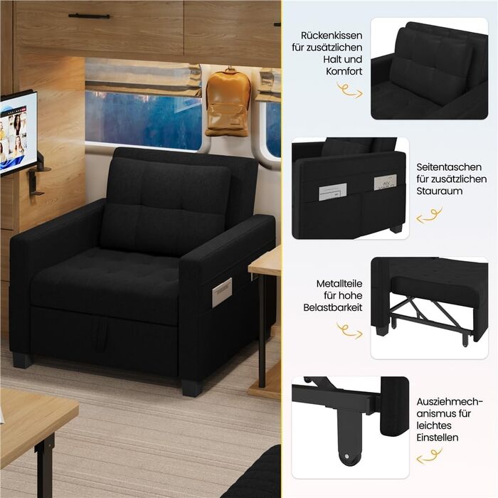Крісло-ліжко Yaheetech з функцією ліжка 3-в-1, розкладний диван-ліжко, трансформоване крісло-ліжко, регульоване одномісне крісло з бічною кишенею, спальна зона 190 x 71,5 см, для невеликих приміщень, чорний колір