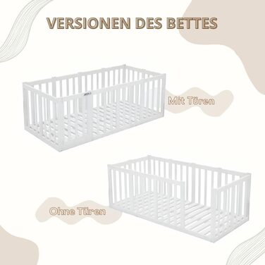 Дитяче ліжко 120x200 см Ліжко Монтессорі на підлогу з високим захистом від падіння 73 см та відкривним бар&39єром - Біле з гладкою поверхнею - Ідеально підходить для хлопчиків та дівчаток Crazy John 200 x 120 см Біле